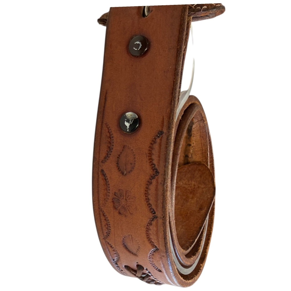 Vintage Hand Tooled Leather Belt Brown Braided Floral Stamped Western Boho 34 - Picture 5 of 6